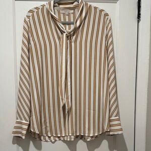 LOFT Yellow and White Striped Tie Neck Blouse